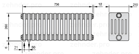 Схема (чертеж) Радиатор Zehnder Charleston 6026/16 №3370 Белый глянцевый RAL 9016